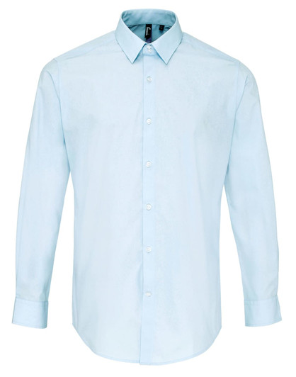 Light blue button-up shirt with long sleeves and a collar, featuring a logo on the chest.