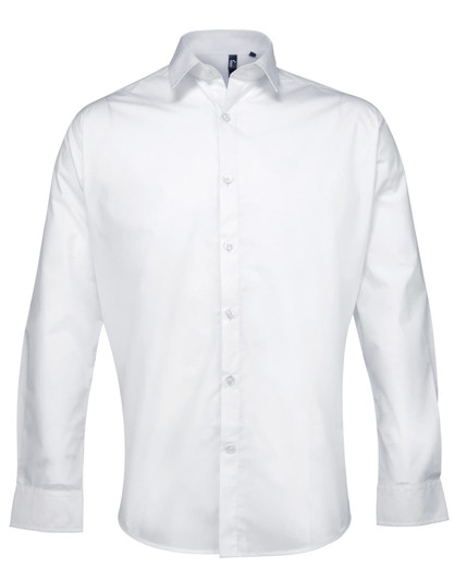 A white button-up shirt with long sleeves, featuring a collar and a logo on the chest.