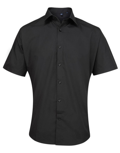 A black short-sleeved button-up shirt featuring a collar and buttons, with a logo present.