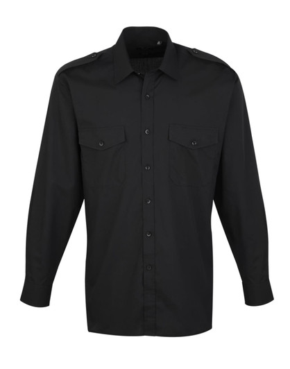 A black long-sleeve button-up shirt with two front pockets and a logo.