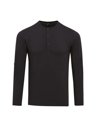 A black long sleeve tee with a button placket and a small logo on the sleeve.