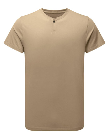 A beige men's cotton-rich t-shirt with a round neckline and a button detail. It features a logo on the fabric.
