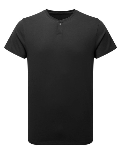 A black cotton rich t-shirt with a crew neck and a small button detail at the neckline. It features a logo.