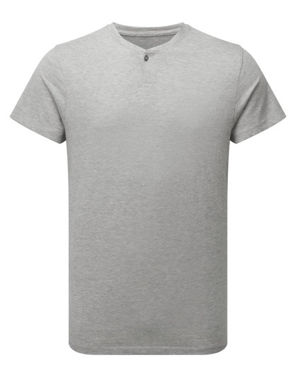 A grey cotton-rich T-shirt featuring a simple design and a small button detail at the neckline. It includes a logo.