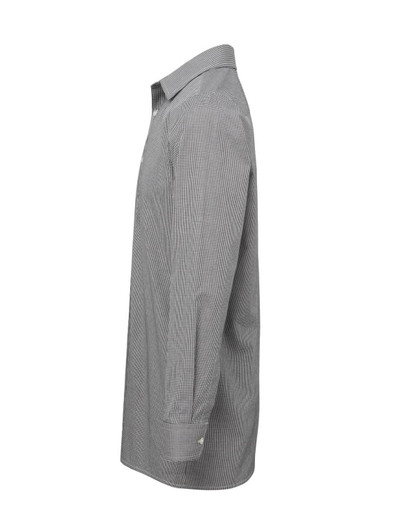 A grey and white microcheck L-S cotton button-up shirt with a collar and long sleeves, featuring a logo.