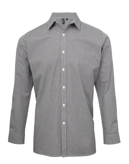 A grey and white microcheck button-up shirt with long sleeves and a collar, featuring a logo on the chest.