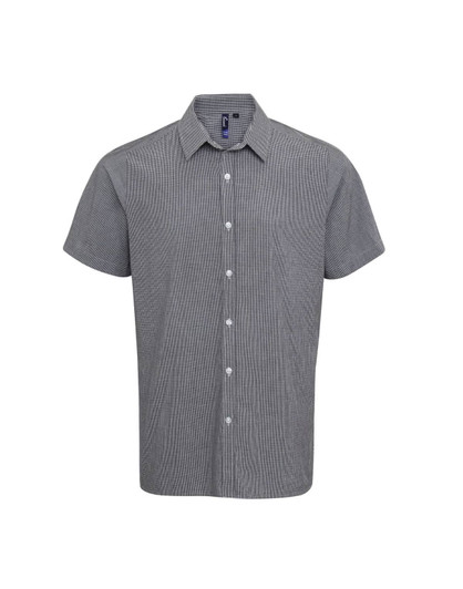 A short-sleeved button-up shirt in a microcheck pattern, featuring a collar and front buttons in grey.