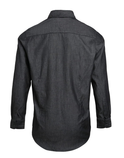 A dark denim button-up shirt with a collared neck and long sleeves, featuring a logo on the back.