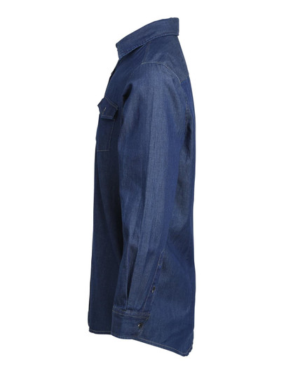 A blue denim button-up shirt with a side view, featuring a casual collar and a chest pocket.