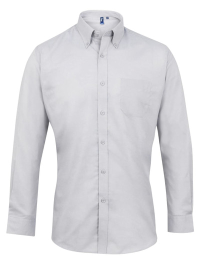 A light grey button-up shirt with a collar, long sleeves, and a chest pocket. It features a logo on the chest.