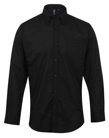 A black button-up shirt with long sleeves and a chest pocket, featuring a collar and a logo.