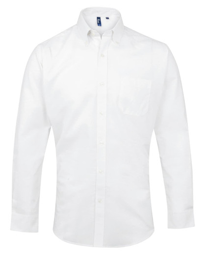 A white button-up shirt with a collar and a pocket, featuring a logo on the chest.