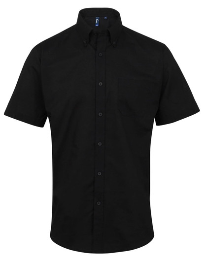 A black button-up shirt with a collar and short sleeves, featuring a logo on the neckline.