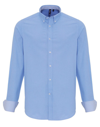 A light blue cotton-rich Oxford stripe shirt with long sleeves, button-up front, and a collar.