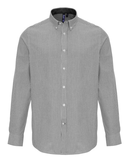 A button-up shirt featuring fine black and white stripes, with a collar and long sleeves. It has a logo on the label.