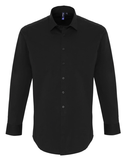 A black Stretch Fit Cotton Poplin long-sleeve button-up shirt with a collar and a logo.