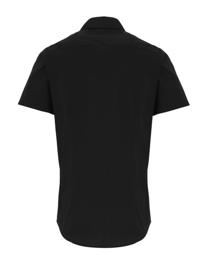A short-sleeved button-up shirt in black, featuring a back view with a logo present on the fabric.