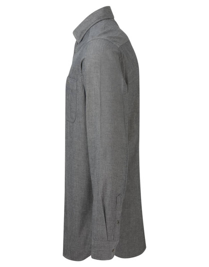 A men's chambray shirt in grey, featuring a button-up front and a single chest pocket.