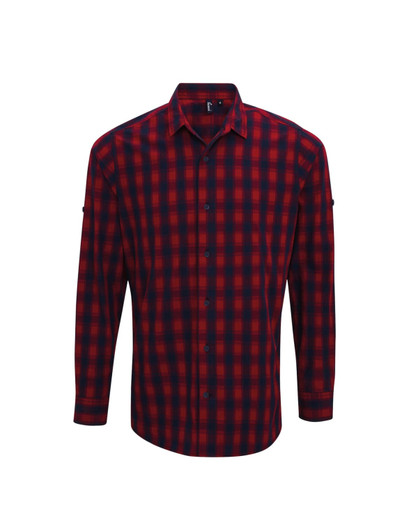 A red and navy check cotton long-sleeve button-up shirt with a collar and buttoned cuffs, featuring a logo.