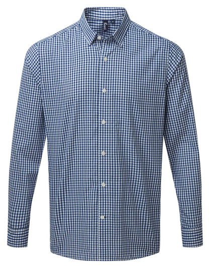 A button-up shirt in blue and white check pattern, featuring long sleeves and a collar. It has a logo on the chest.