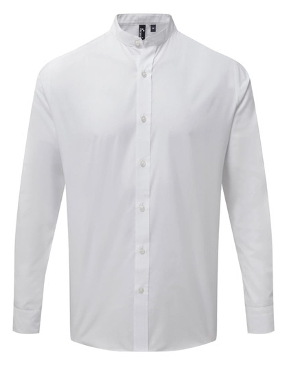A white banded collar long-sleeve button-up shirt featuring a logo on the upper left.