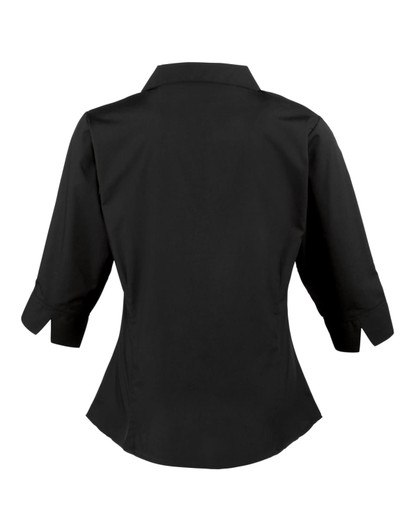 A black women's 3/4 sleeve poplin blouse with a fitted design and button-up collar, featuring a logo.