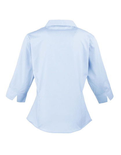 Light blue women's 3/4 sleeve poplin blouse featuring a collared neck and back view design.