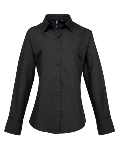 A black women's long sleeve button-up shirt with a classic collar and a logo on the front.