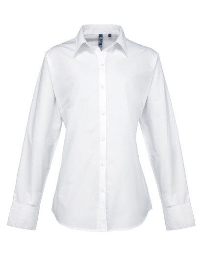 A white button-up shirt featuring long sleeves and a collar, complete with a logo.