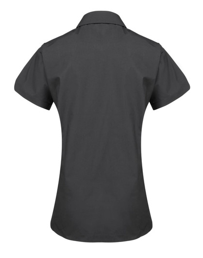 A short-sleeved button-up shirt in dark grey, featuring a back view and slight tailoring. Includes a logo.