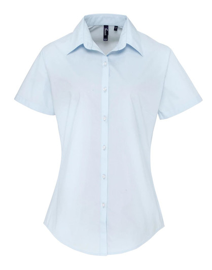 A light blue women's button-up shirt with short sleeves and a collar, featuring a logo.