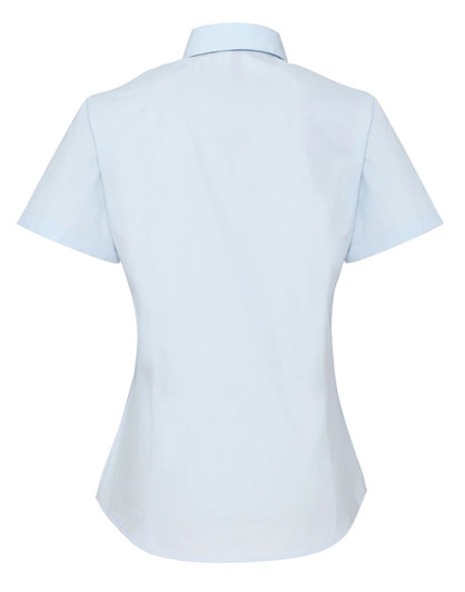 A light blue women's button-up shirt with short sleeves, featuring a fitted design and a collar.