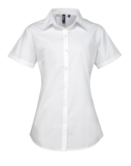 A women's short-sleeve button-up shirt in white, featuring a classic collar and fitted design.