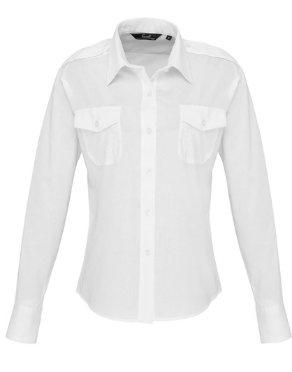 A women's long-sleeve pilot shirt in white with two chest pockets and a logo. Suitable for uniform wear.