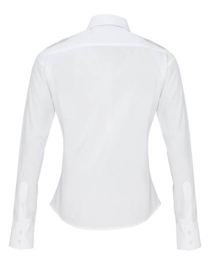 A white women's long-sleeve pilot shirt with a fitted design and buttoned cuffs, featuring a logo on the back.
