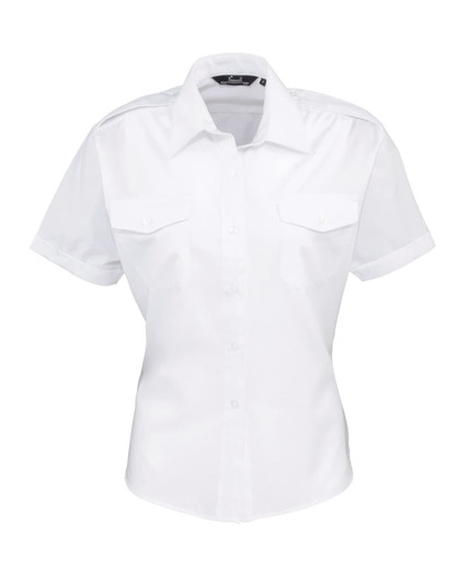 A white women's button-up shirt with short sleeves and two chest pockets. Features a logo on the collar.