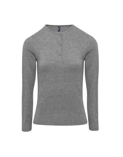 A grey long-sleeve tee with roll sleeves and a buttoned placket, featuring a logo.