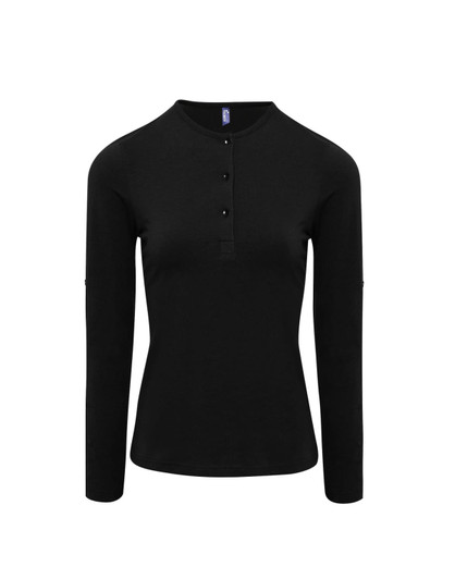 A black long sleeve tee with roll sleeves and a buttoned front, featuring a logo at the neckline.