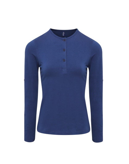 A women's long-sleeve tee in navy blue, featuring a button detail and roll sleeves. It has a logo on the front.