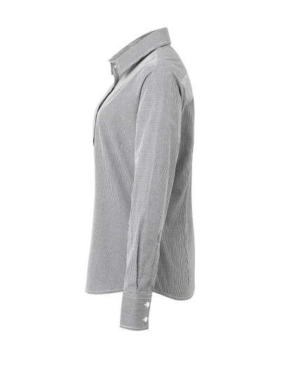 A women's microcheck long-sleeve cotton button-up shirt in grey with a collar and buttoned cuffs.