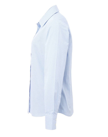 A light blue women's button-up shirt with long sleeves and a microcheck pattern, featuring a logo.