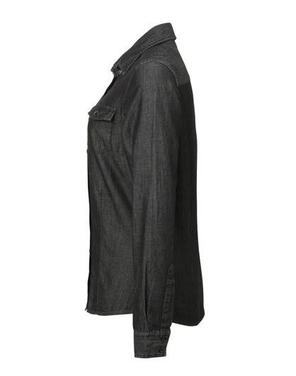 A women's button-up shirt in a dark denim shade, featuring a side view with a pocket and collar.
