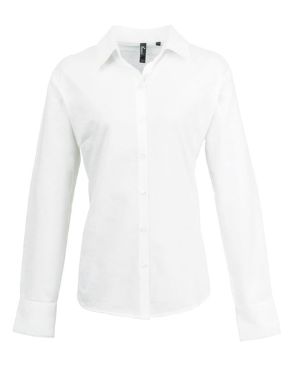 A white women's button-up shirt with long sleeves and a classic collar, featuring a logo.