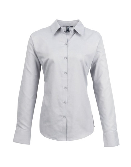 A light grey women's button-up Oxford shirt with long sleeves and a collar, featuring a logo.