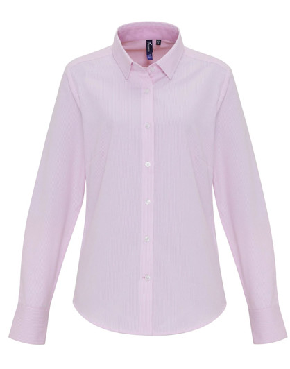 A light pink women's cotton-rich button-up shirt with a classic collar and long sleeves. It features a logo.