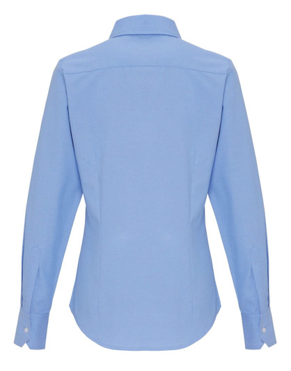 A light blue women's cotton-rich oxford blouse with long sleeves and a button-up design, featuring a collar and back pleat.