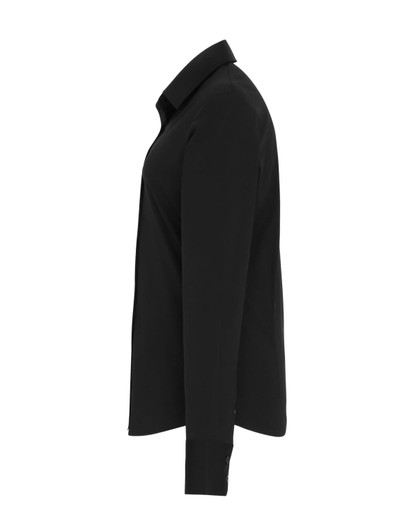 A black women's stretch fit cotton poplin long-sleeve blouse with a classic collar and button-up design.