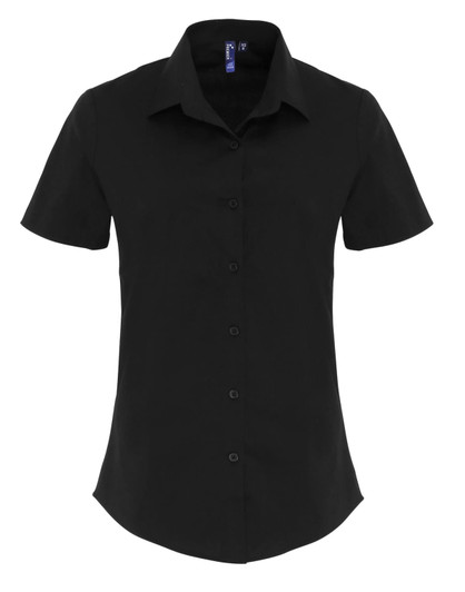 A short-sleeved black blouse made from stretch fit cotton poplin, featuring a button-up front and a neat collar.