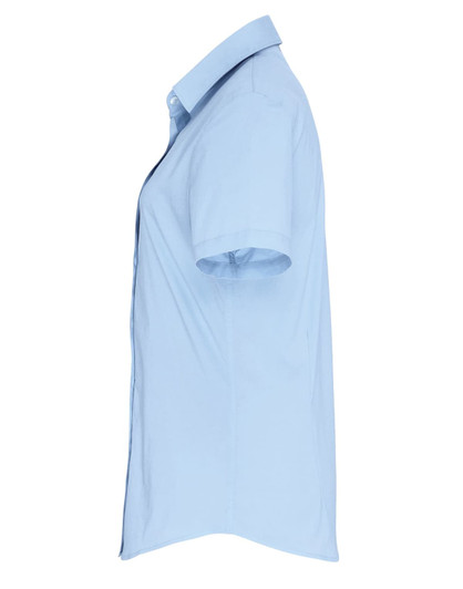 A light blue women's short-sleeve cotton poplin button-up shirt, featuring a sleek side view.