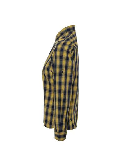 A side view of a women's long-sleeve button-up shirt featuring a yellow and navy check pattern. It has a logo.